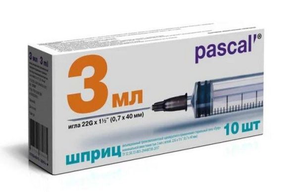 Изображение товара Шприц Pascal 3-х компонентный 3мл с иглой 22g №10 Шприц Pascal 3-х компонентный 3мл с иглой 22g №10 фотография